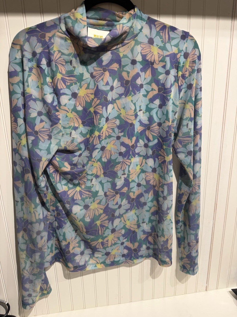 Anthropologie Maeve Floral Turtleneck Top in Teal, Lavender & Yellow